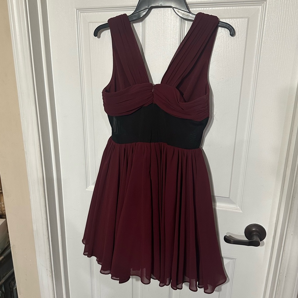 Burgundy and Black Sheer Fit and Flare Dress zippered back Small NWT